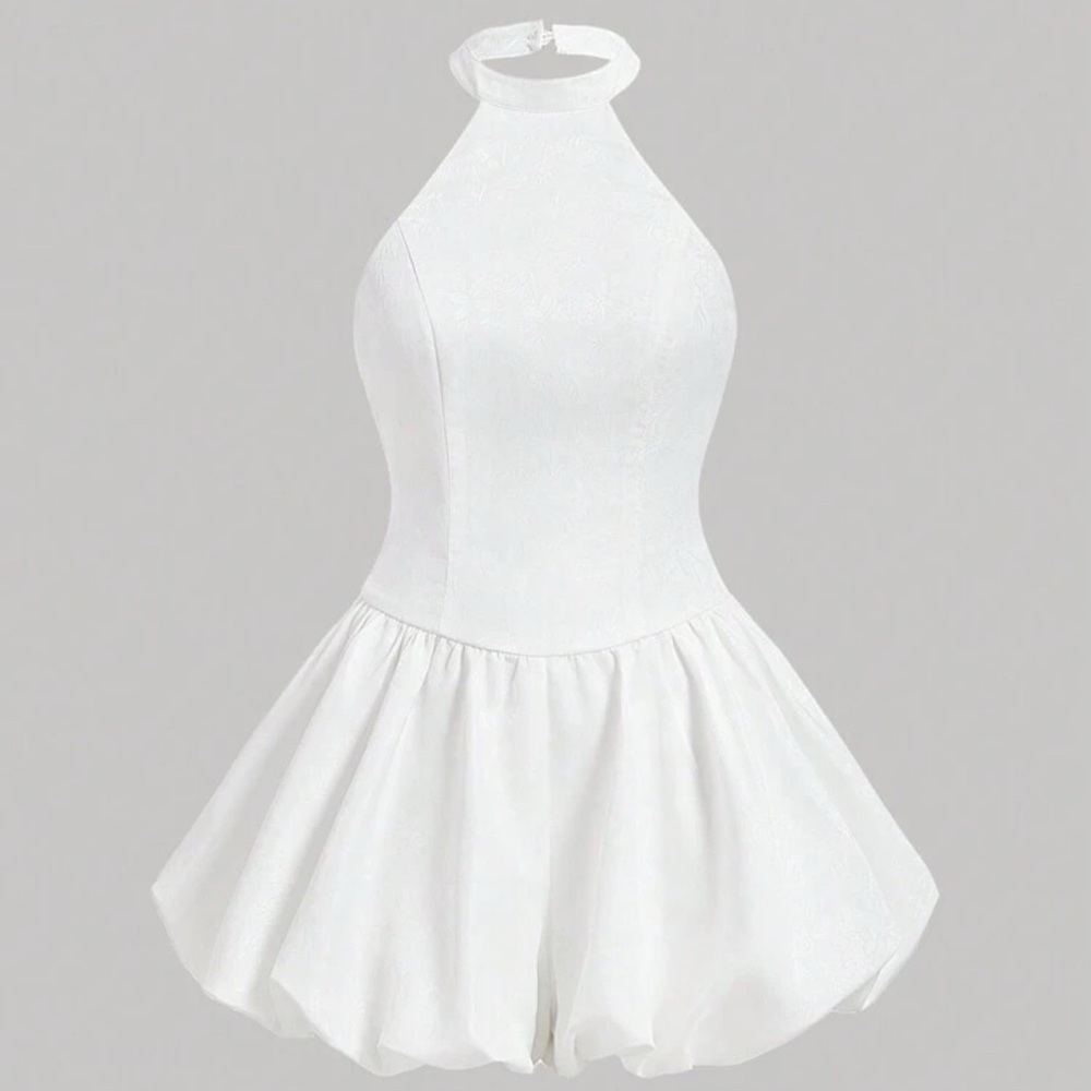 White puffy halter back jumpsuit